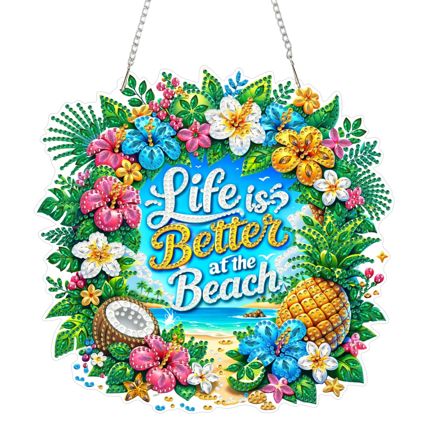 Yunzlly DIY Hanging Diamond Art Pendant Kit Phrase, Special Crystal Diamonds Painting Ornament Kit for Adults, Acrylic Board Gem Painting Kit (Life is Better at the Beach)