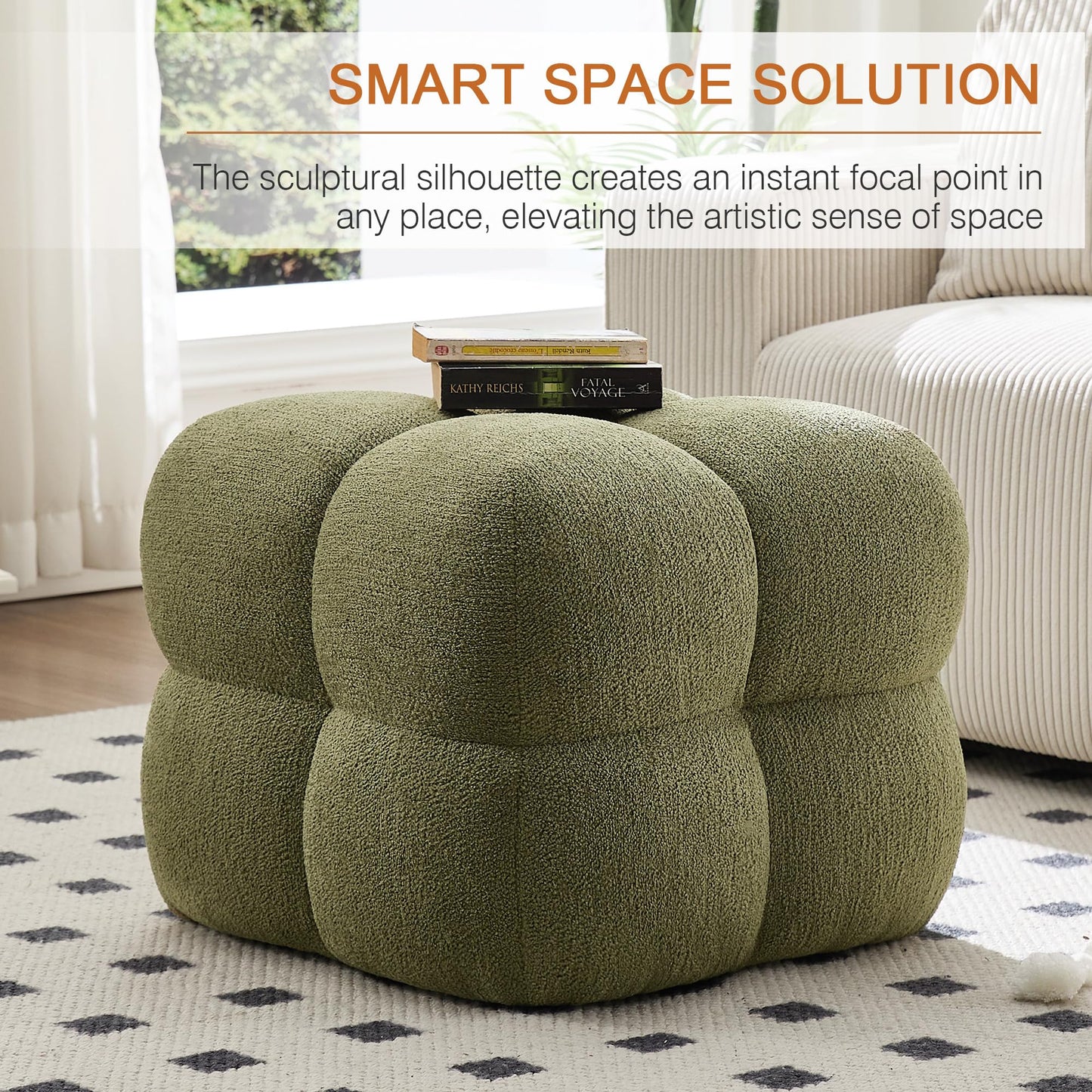 Zesthouse Square Pouf Ottomans Footstool Set of 2, Upholstered Poofy Ottoman for Couch Sofa, Modern Vanity Chair Backless for Living Room, Green Boucle Stool Foot Rest, Fabric Ottoman Coffee Table