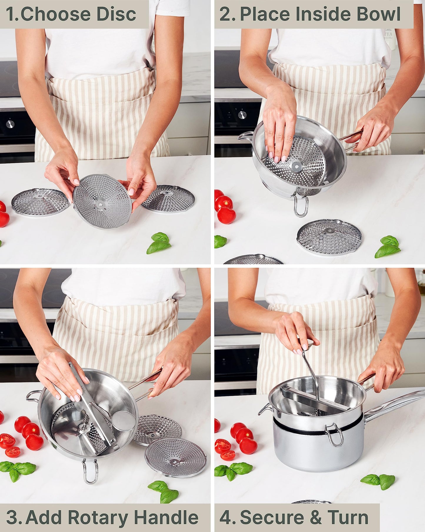 Stainless Steel Food Mill with 3 Discs – Ergonomic Rotary Hand Crank for Tomato Sauce, Applesauce, Baby Food, Mashed Potatoes, Puree & Canning