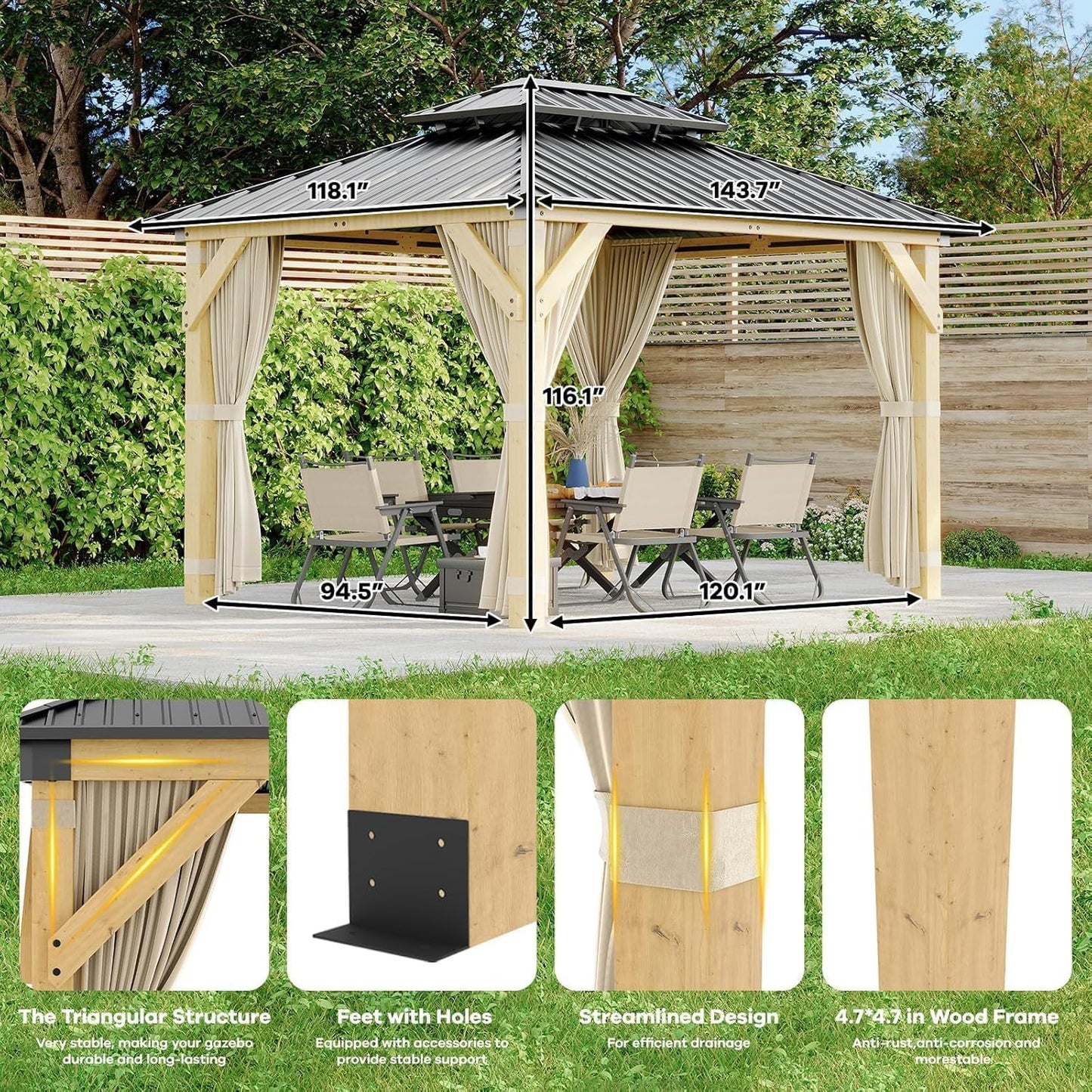 12' × 10' Hardtop Wood Gazebo with Double Galvanized Steel Roofm, Upgrade Wooden Frame with Nettings & Curtains for Backyard, Patio, Garden, All-Weather Khaki Outdoor Pavilion (4 Packages Shipped)