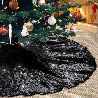 Poise3EHome Black Christmas Tree Skirt, 36 Inch Sparkle Sequin Mat for 6ft Tree Halloween Xmas Party Decor