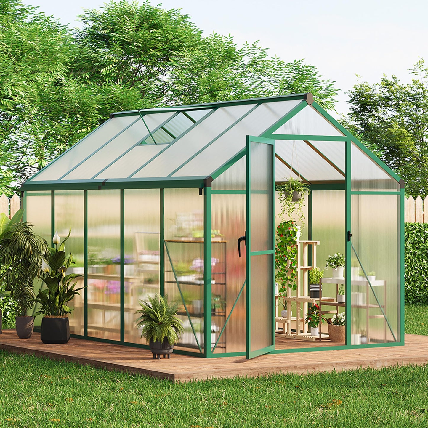GarveeHome 6X10 FT Greenhouse for Outdoors, Large Walk-in Polycarbonate Greenhouse Kit, Aluminum Frame, Lockable Door, Roof Vent, Ground Spikes, for Garden, Patio, Backyard, Outdoor Plant Growth