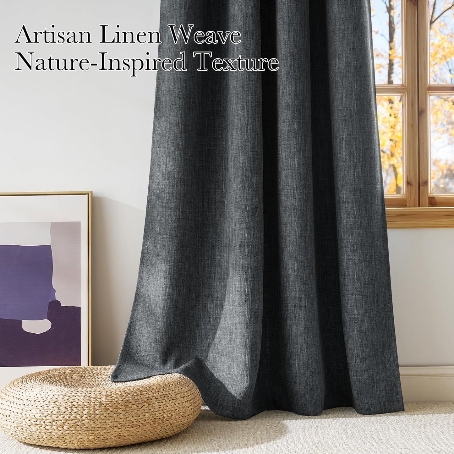 NICETOWN Blackout Curtains - Charcoal Gray Faux Linen Privacy Panels, 63" Long | Modern Farmhouse Style, 2 Panels