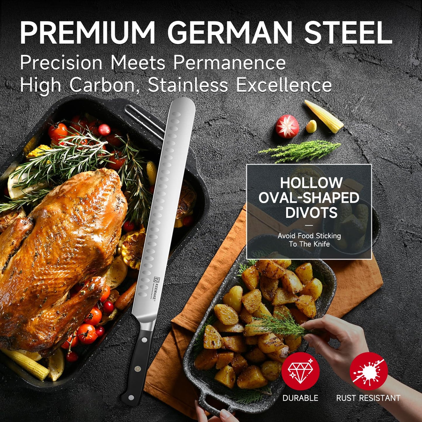 KEEMAKE Brisket Knife, 12‘’ Carving & Slicing Knife with Ergonomic Handle, German High-Carbon Steel, Sheath Included, Razor Sharp for Meat, Roasts, BBQ, Turkey, Grilling Gifts for Men