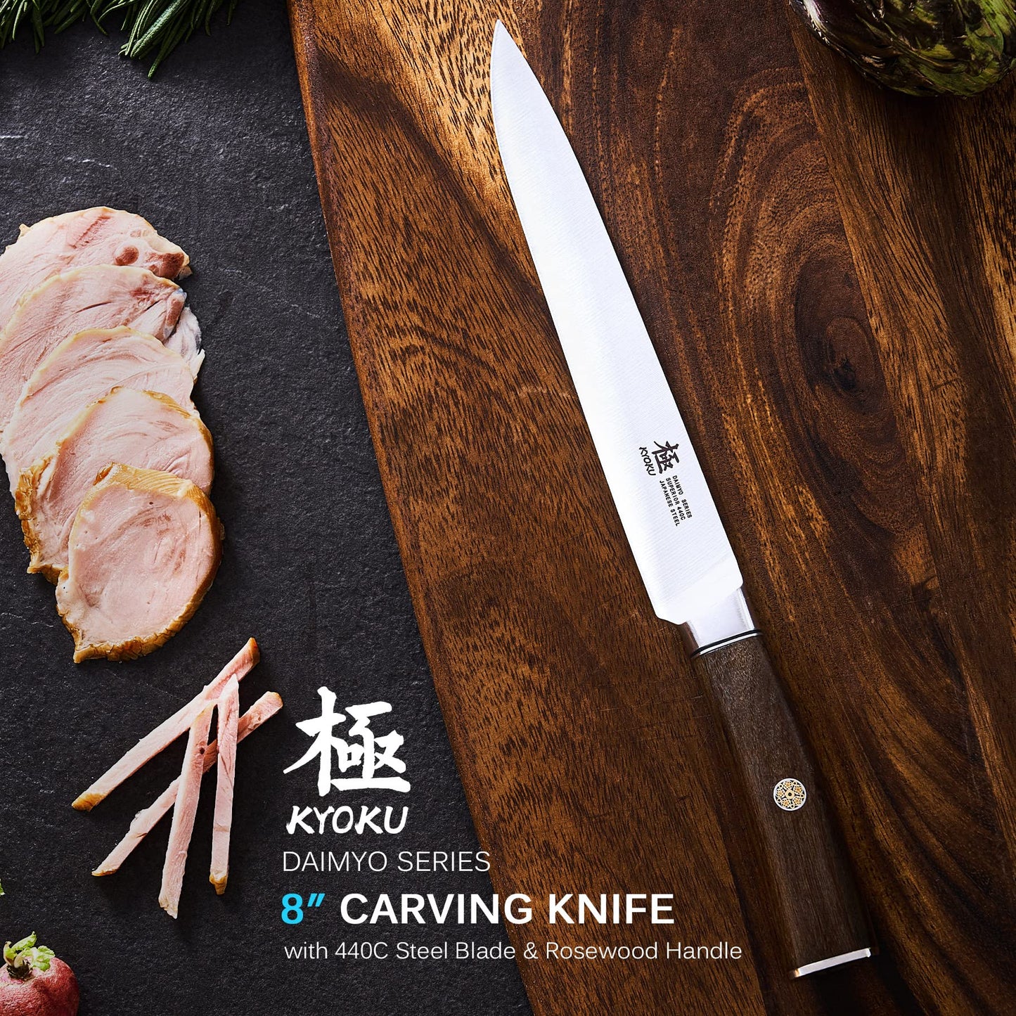 KYOKU 8 Inch Carving Knife - Daimyo Series - Meat and Fruit Slicing Knife with Ergonomic Rosewood Handle, & Mosaic Pin - Japanese Style 440C Stainless Steel Kitchen Knife with Sheath & Case