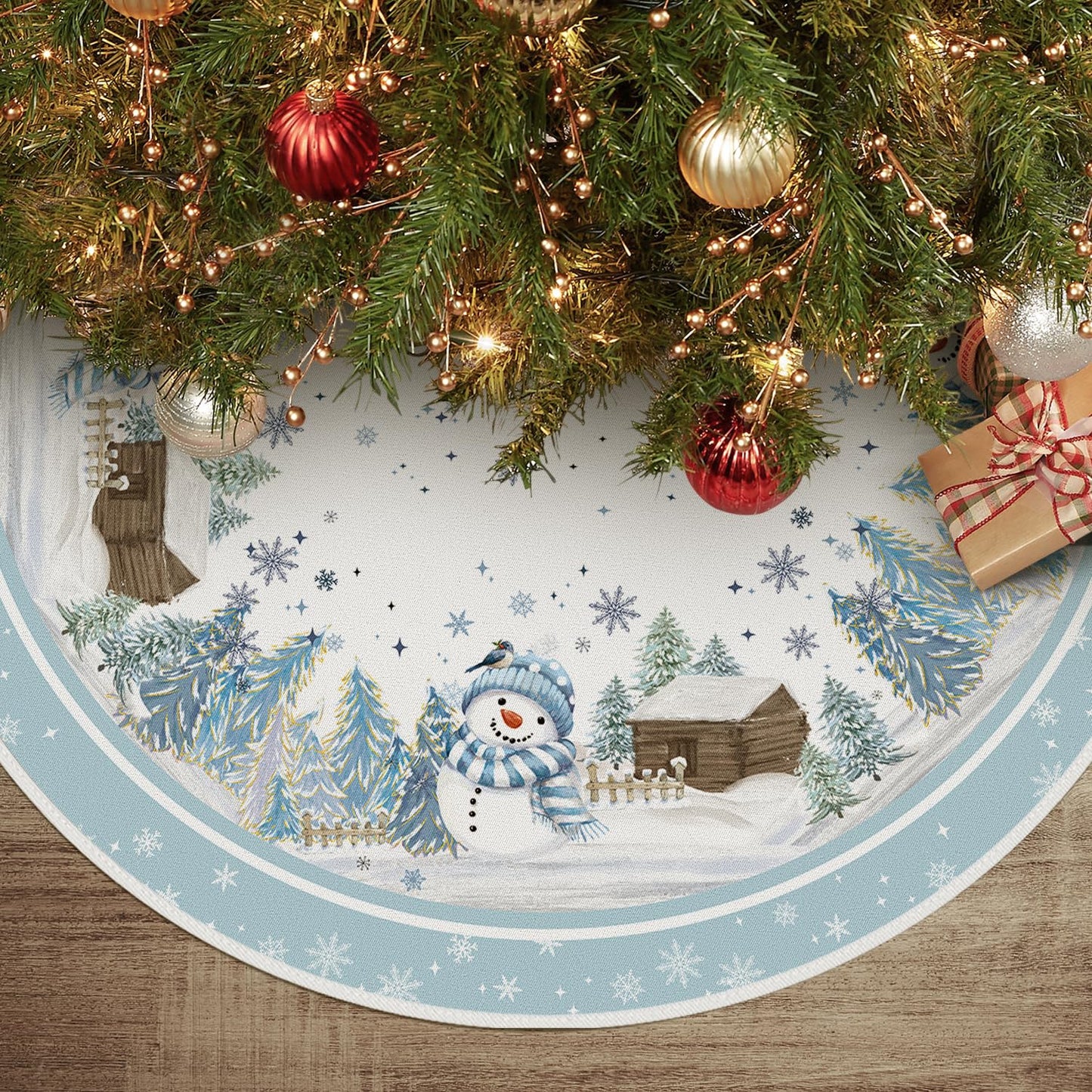 AVOIN colorlife Snowflake Snowman Cardinal Christmas Tree Skirt 48 Inch, Winter Holiday Tree Mat Decoration