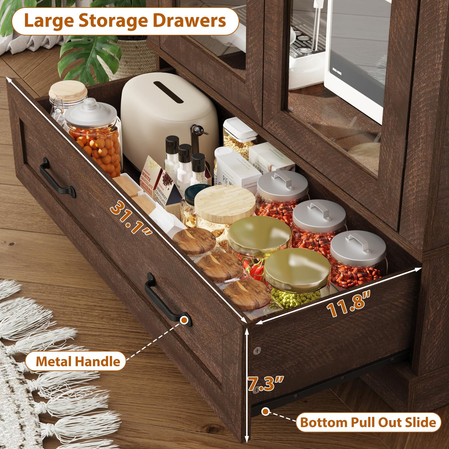 75" Tall Arched Kitchen Pantry Cabinet w Load-Bearing Steel Pipe,Modern Farmhouse Kitchens Storage Cabinet with Drawer and Glass Doors,Tall Arched Bookcase,Pantry Organizer(Rustic Brown)
