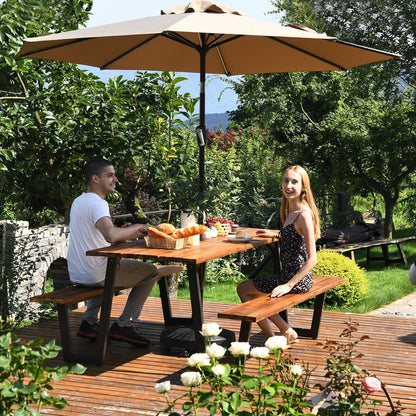 LDAILY Acacia Wood Picnic Table with Umbrella Hole, 70’’ x 30’’ Outdoor Picnic Tables with Benches for 6-8 Persons, 1600 LBS Max Load, Metal Frame & 2" Umbrella Hole, Party, Garden, Yard, Patio, Lawn