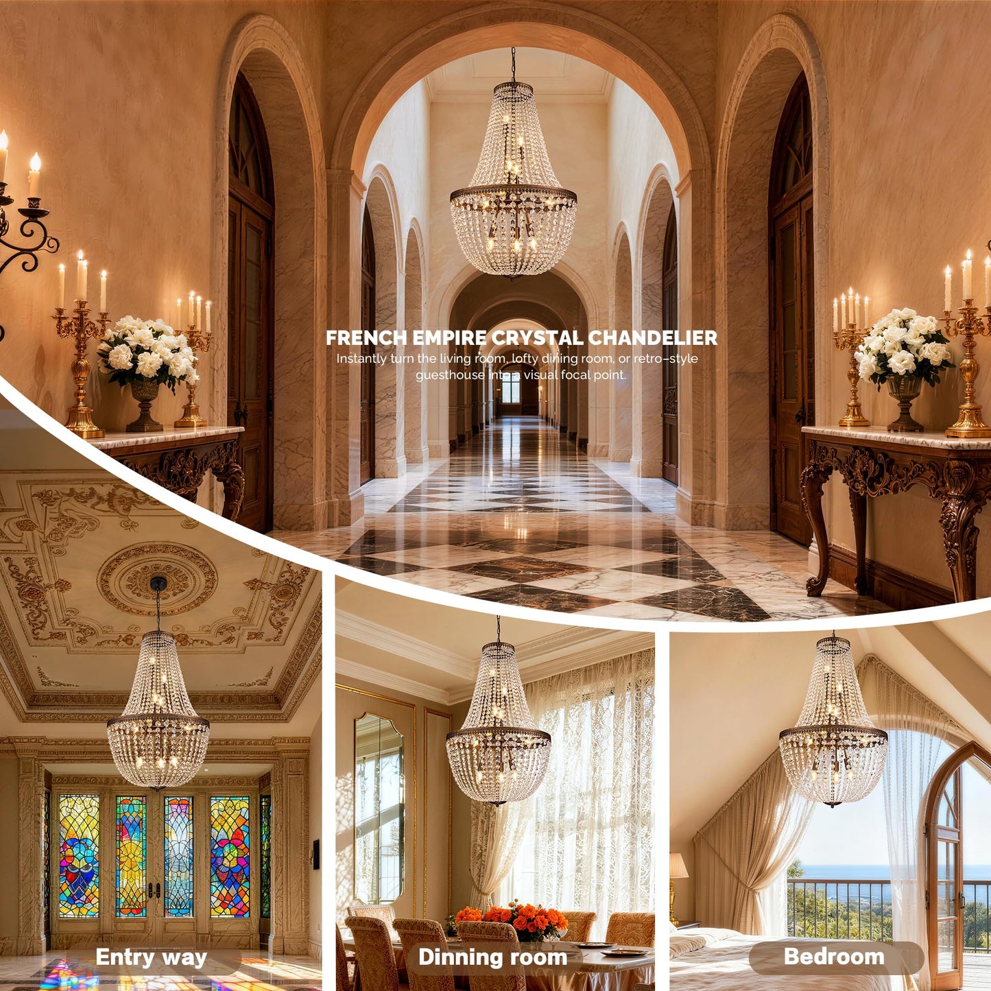 Wellmet French Empire Crystal Chandelier Farmhouse Antique Bronze Chandeliers Light Fixture, 10 Lights Adjustable Pendant Light for Dining Living Room, Bedroom, Entryway, Kitchen, Foyer, 25.4" W