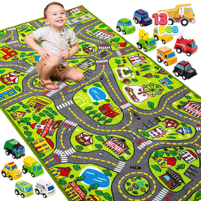 12 Set JOYIN Kids Play Rugs - Pull-Back Vehicle - Durable Carpet Playmat Rug - City Pretending Play - Toddler Car Track