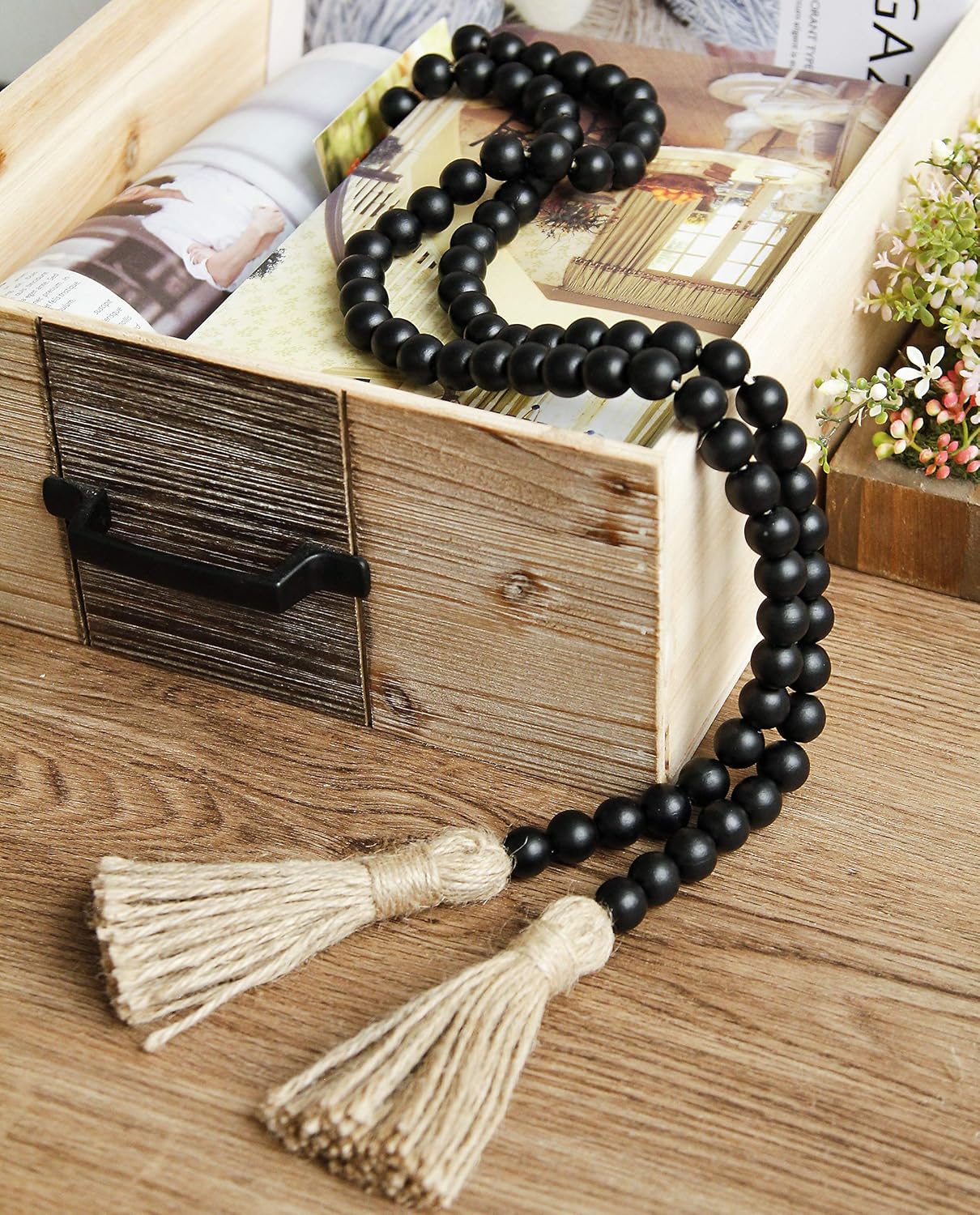 58in Wood Bead Garland with Tassels, Farmhouse Rustic Country Decor, Prayer Boho Wall Hanging Decoration (Black)