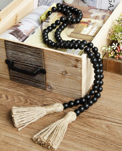 58in Wood Bead Garland with Tassels, Farmhouse Rustic Country Decor, Prayer Boho Wall Hanging Decoration (Black)