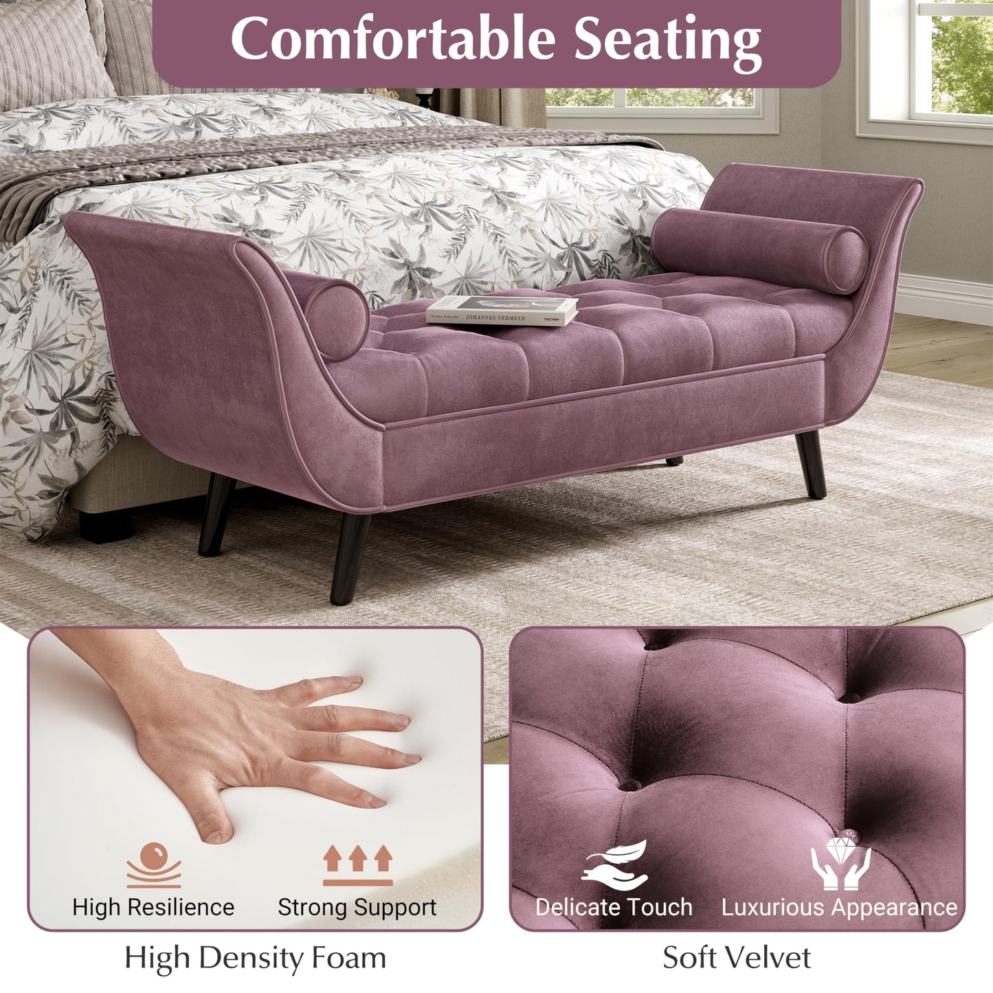 Christopher Knight Home Jolie Modern Velvet Upholstered Ottoman Bench with Pillow, Wooden Bedroom End of Bed Bench, Entryway Ottoman Foot Rest, Living Room Sofa Extra Seat, Purple