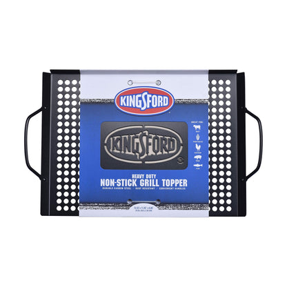Kingsford Non-Stick Grill Topper Pan, Heavy Duty Carbon Steel BBQ Grilling Tray with Handles, Perforated Surface Helps Keep Small Foods from Falling Through Grates, 15.55 x 11.05 Inch