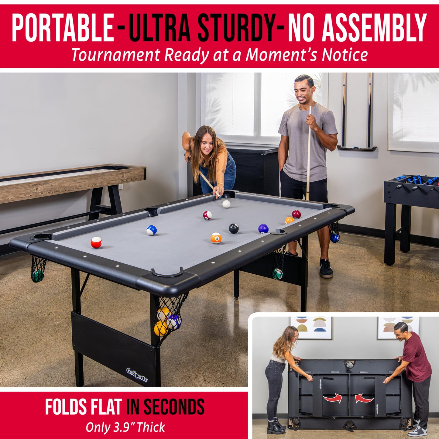 GoSports 6 ft Foldable Pool Table - Portable Billiards Table with Accessories - Black with Gray Felt