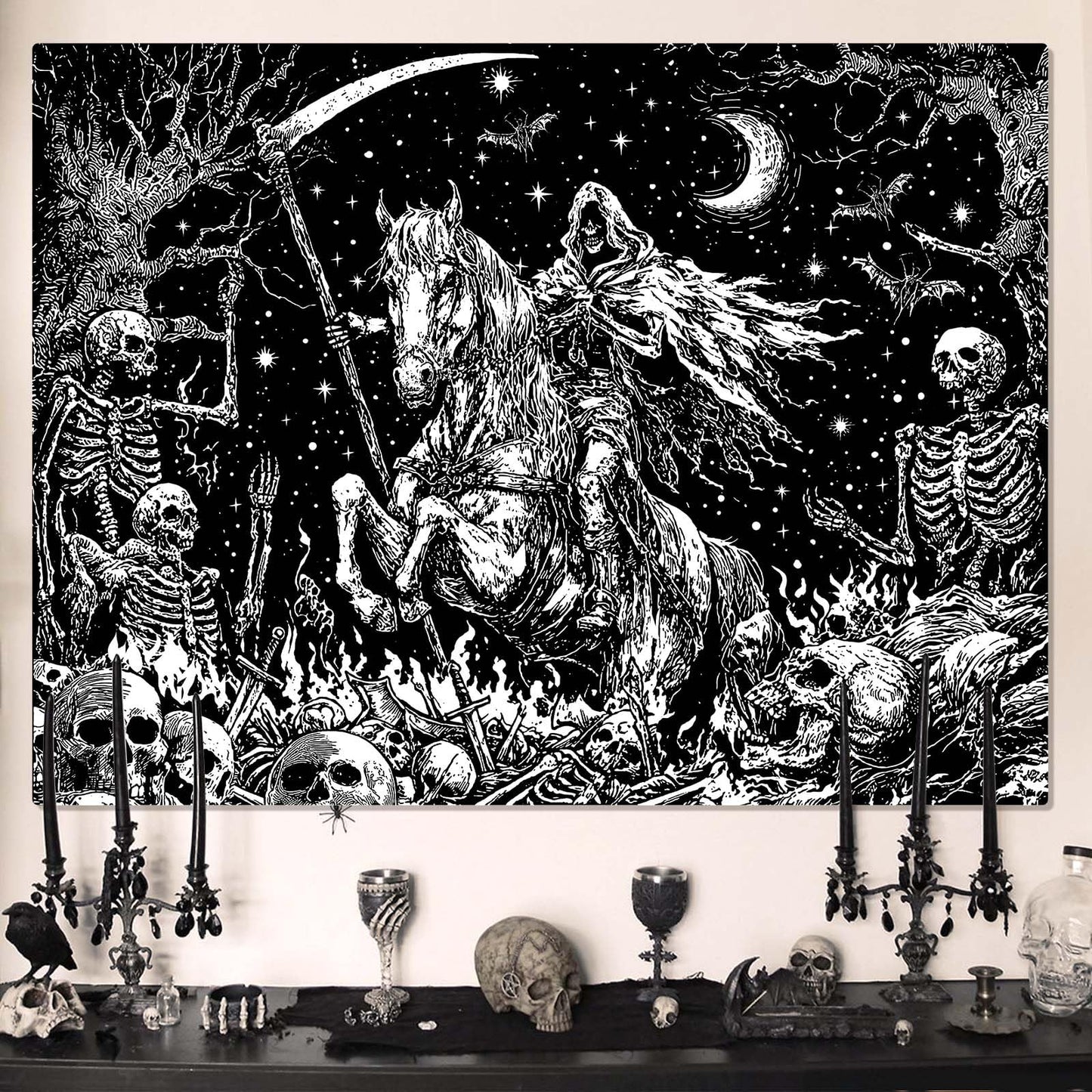 Lifeella Gothic Skeleton Tapestry, Horror Moon Skull Dark Death Grim Reaper Wall Art for Bedroom Grunge Room Decor, Black and White 44x60 inches