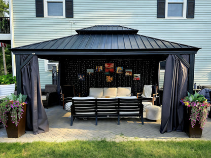 PURPLE LEAF 13' X 15' Permanent Gazebo with Metal Roof Outdoor Hardtop Gazebo for Patio Lawn and Garden Curtains and Netting Included Grey