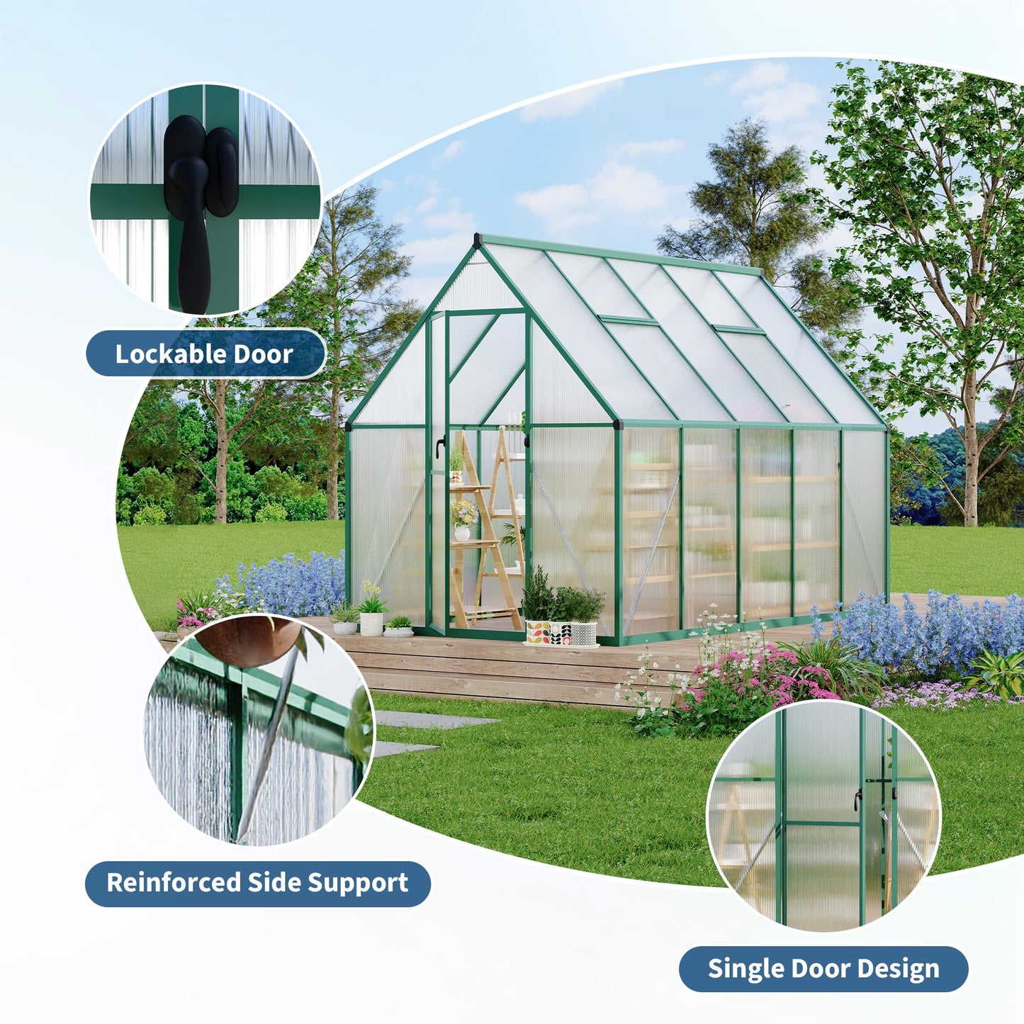 Polycarbonate Greenhouse for Outdoors, Large Walk-InGreenhouse with Quick Setup Structure and Roof Vent, Greenhouse with Ventilation