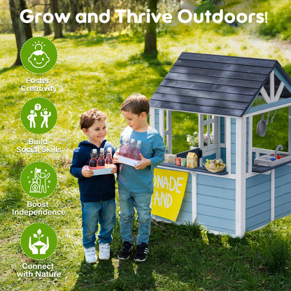 ROBUD Wooden Playhouse, Outdoor Kids Playhouse with Sink, Stove, Cookware, Flowerpot Holders, Snack Bar, Cottage Play House for Backyard, Blue