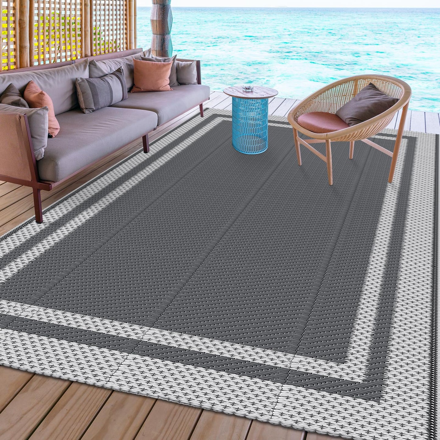 HappyTrends Outdoor Rug Reversible Portable Plastic Straw Camping Rugs for Outside RV,Large Waterproof Outdoor Area Rugs for Patio,Deck,Porch,Balcony(5'x 8',White&Gray)