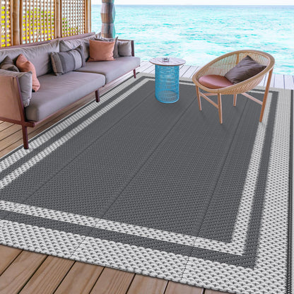 HappyTrends Outdoor Rug Reversible Portable Plastic Straw Camping Rugs for Outside RV,Large Waterproof Outdoor Area Rugs for Patio,Deck,Porch,Balcony(5'x 8',White&Gray)