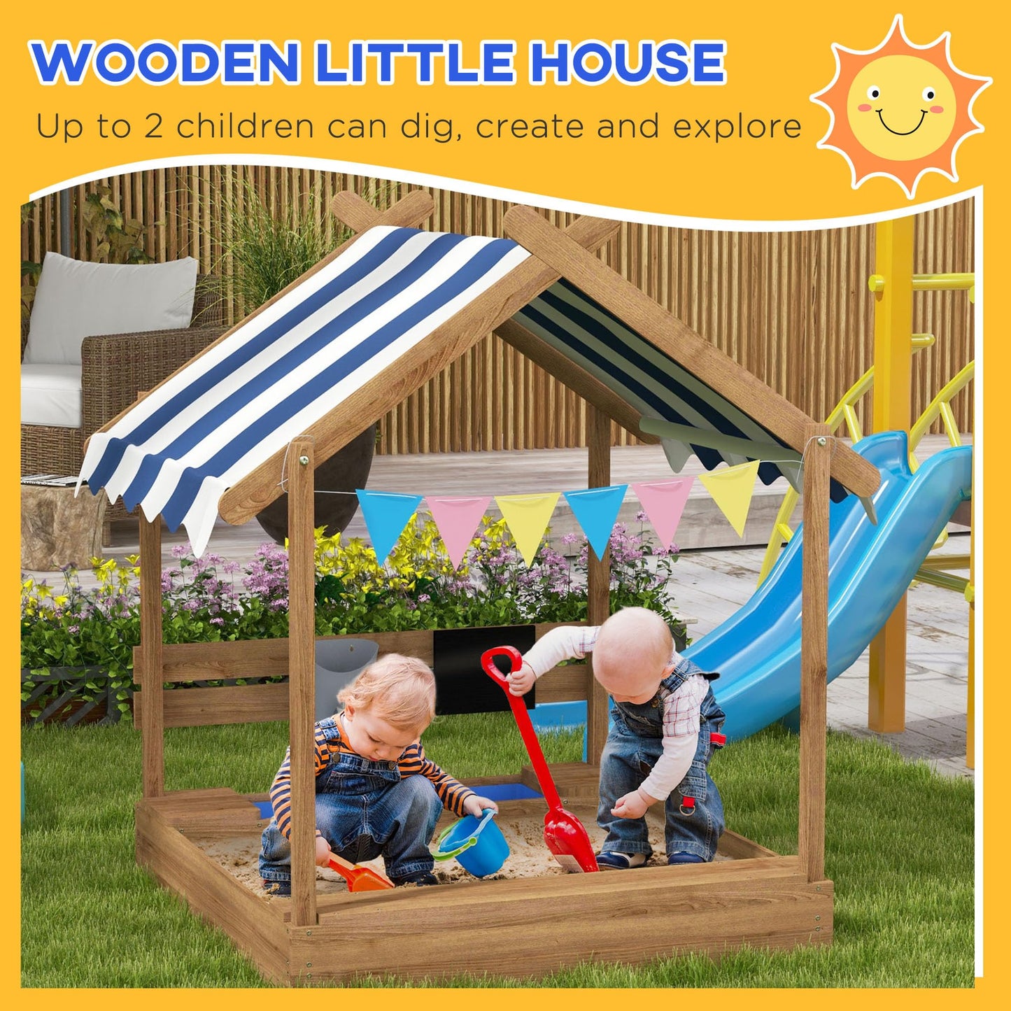 GOWE Wooden Sandbox with Canopy House Design for 3-7 Years Old, Brown