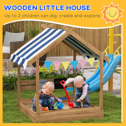 Wooden Sandbox with Canopy House Design - Weather-Resistant Play Set for Kids Ages 3-7, Outdoor Fun with Sink and Black Board