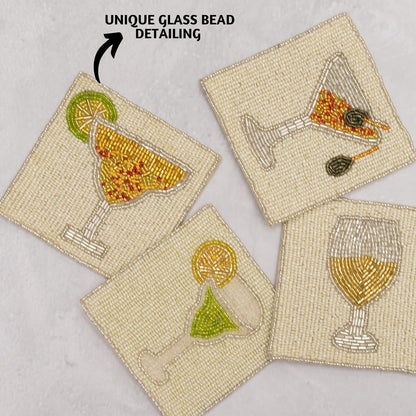 Set 4 (4")| Folkulture Coasters of Beaded Cocktail Handmade Square Drink Coasters for Coffee Table & Bar | Boho Home