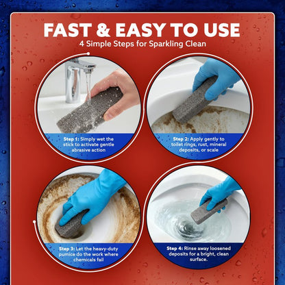 PUMIE Pumice Scouring Stick for Cleaning Toilet Bowl Rings & Hard Water Stains, Bathroom, Pools & Tubs, Pumice Stone for Toilet Cleaning, Rust, Grills, Food Build Ups, Pack of 4, includes Scouring Pad