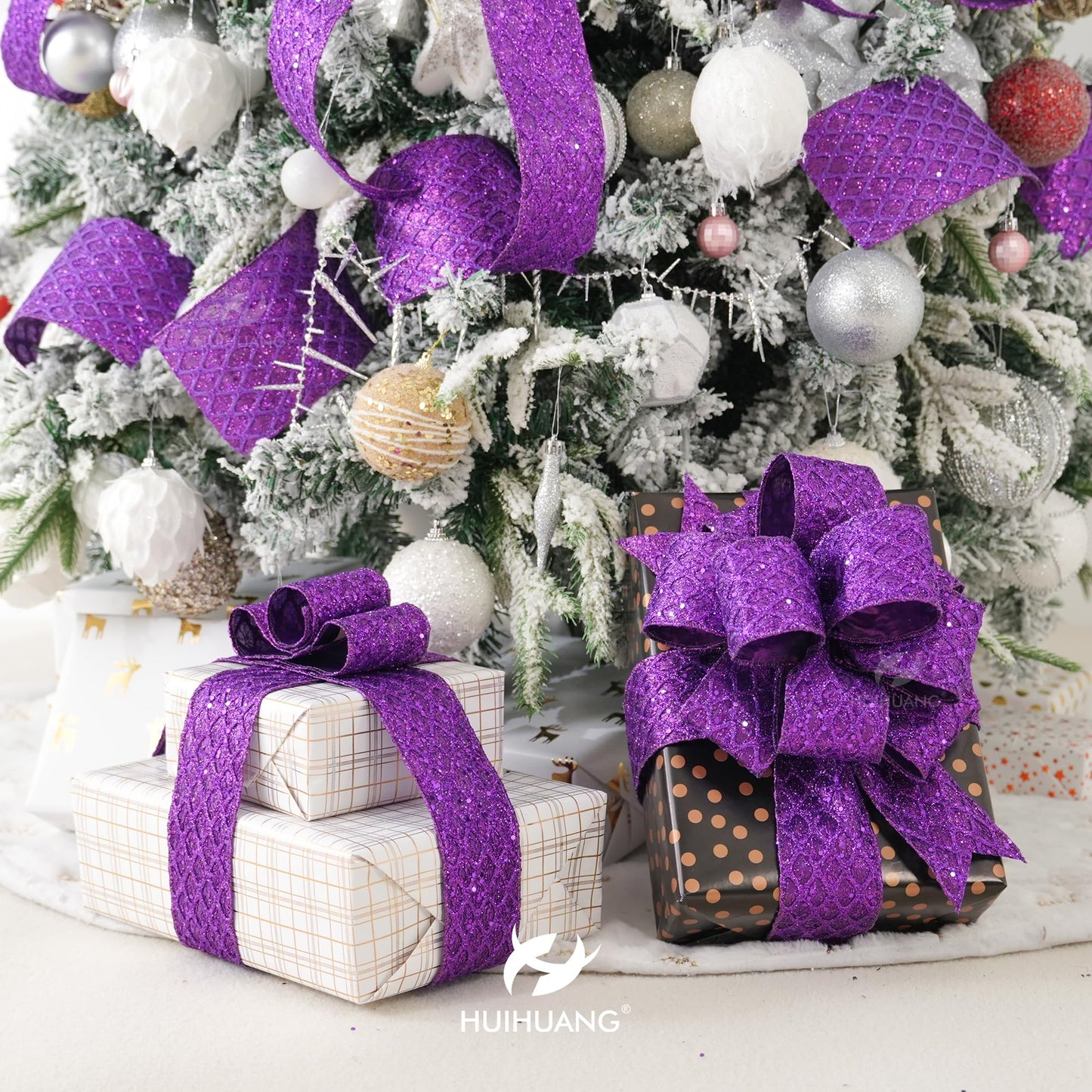 HUIHUANG Purple Wired Ribbon for Christmas Tree 2.5 inch Purple Glitter Diamond Mesh Ribbon for Tree Decoration, Wreaths, Garland, Gift Wrapping, Large Bows Making, Halloween Decor -10 Yards