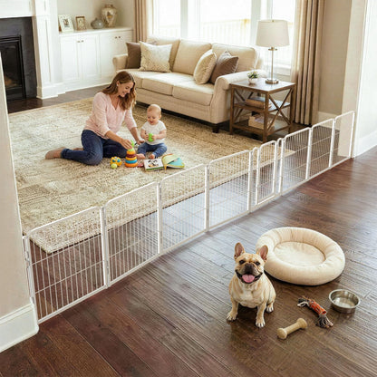 FXW Dog Gate Extra Wide Designed for Indoor Use, Adjustable Width Up to 183-inch Wide (24" H 8 Wire Panels for Puppies and Small Dogs), White