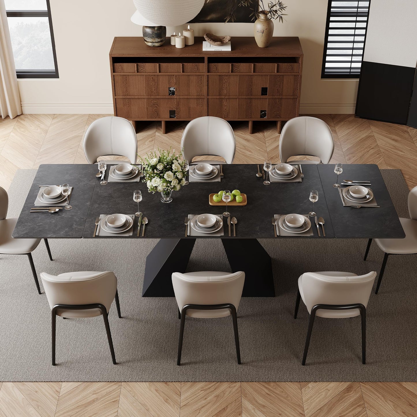 VAFON 63"-95" Extendable Dining Table for 4-10 Person, Space-Saving Extra Long Folding Dining Room Table, Dark Gray Kitchen Table with Sintered Stone Tabletop, No Wobble Base