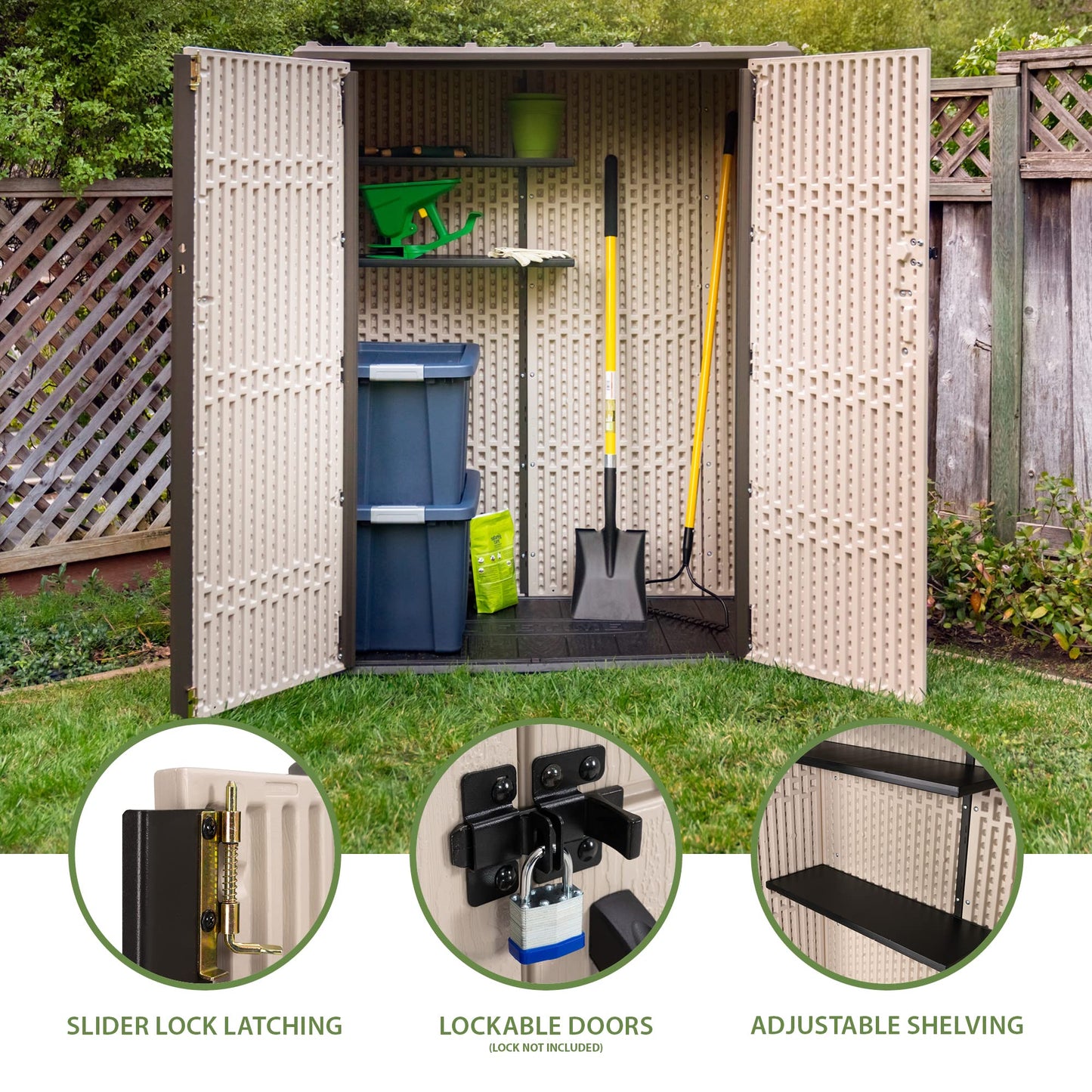 Lifetime Vertical Storage Shed, Desert Sand, Resin Outdoor Tool Shed with Lockable Doors and Weather-Resistant Panels