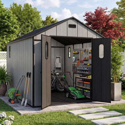 Domi 8x14Ft Resin Outdoor Storage Shed with Floor, Plastic Garden Storage Shed, Outside Weatherproof Storage Building for Tools, Bike, Lawn Mower, Patio, Backyard