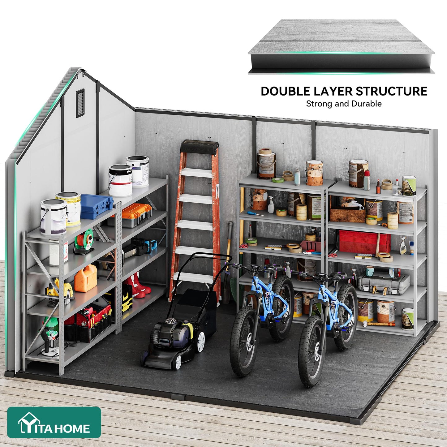 YITAHOME Large Outdoor Storage Shed 8x10 Ft, Extra Thick Plastic Storage Sheds with Floor, Lockable Doors, Vision Grid Windows, Vents, 16mm Heavy Duty Garden Storage for Bikes Mowers and Tools, Gray