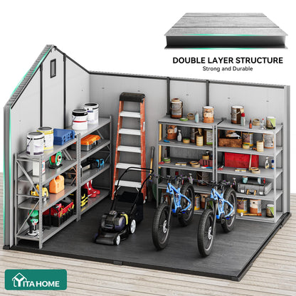 YITAHOME Large Outdoor Storage Shed 8x10 Ft, Extra Thick Plastic Storage Sheds with Floor, Lockable Doors, Vision Grid Windows, Vents, 16mm Heavy Duty Garden Storage for Bikes Mowers and Tools, Gray