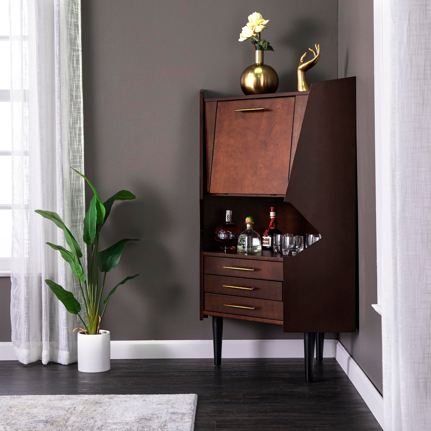 SEI FURNITURE Larson Corner Storage Bar Cabinet, brown.
