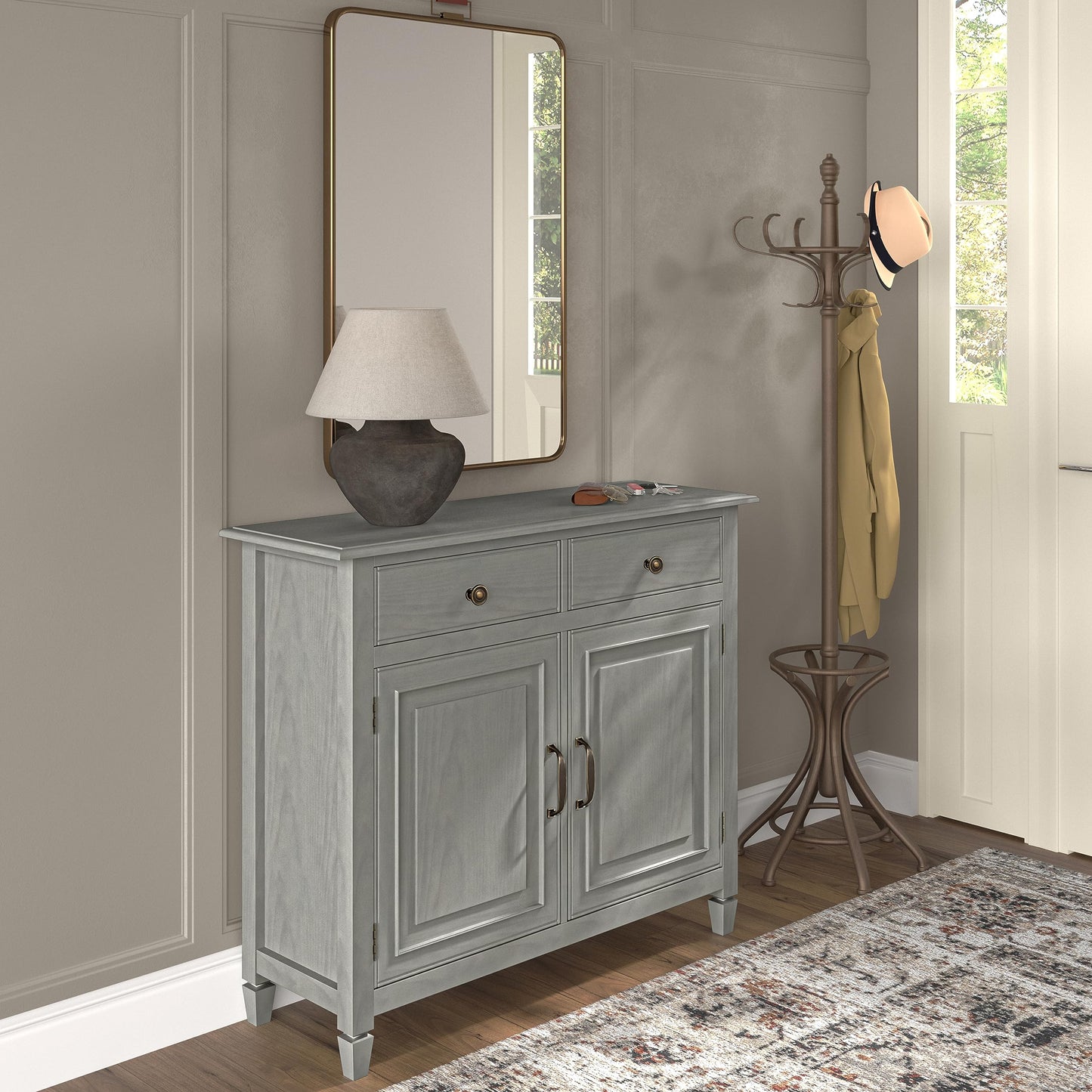 SIMPLIHOME Connaught 40-inch Wide Solid Wood Storage Cabinet in Fog Grey for Entryway, Living Room, Organizer for Hats, Gloves, Shoes, Keys, Slim Design, Traditional Style