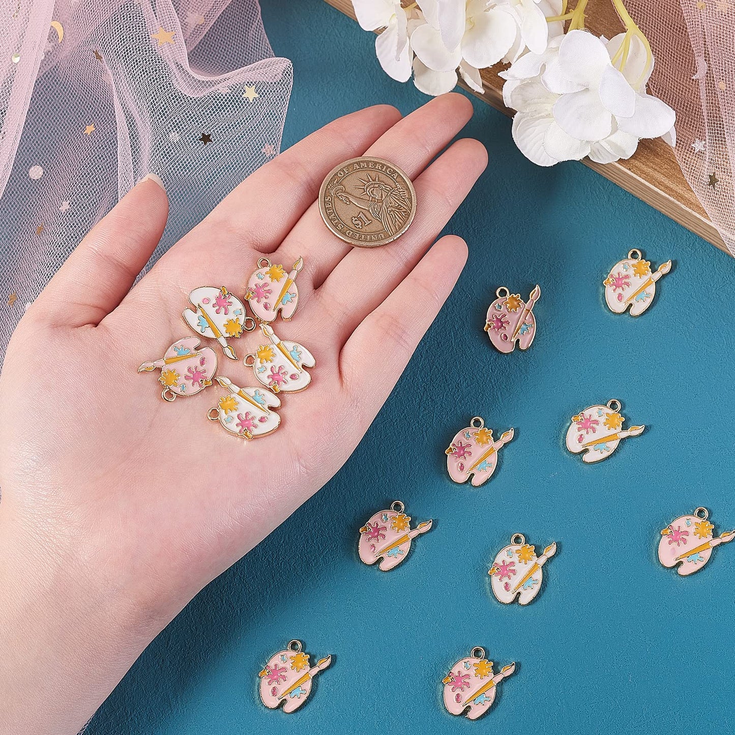 DanLingJewelry 40pcs 2 Colors Enamel Palette Cute Artist Paint Palette Dangle Charms with Loop for DIY Jewelry Making