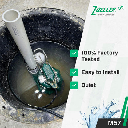 Zoeller M57 Mighty-Mate Submersible Sump Pump - 3/10 HP Cast Iron - 9′ Cord — Vertical Float - 1.5″ Discharge - Factory-Tested - Basement Sump Pump - 115V