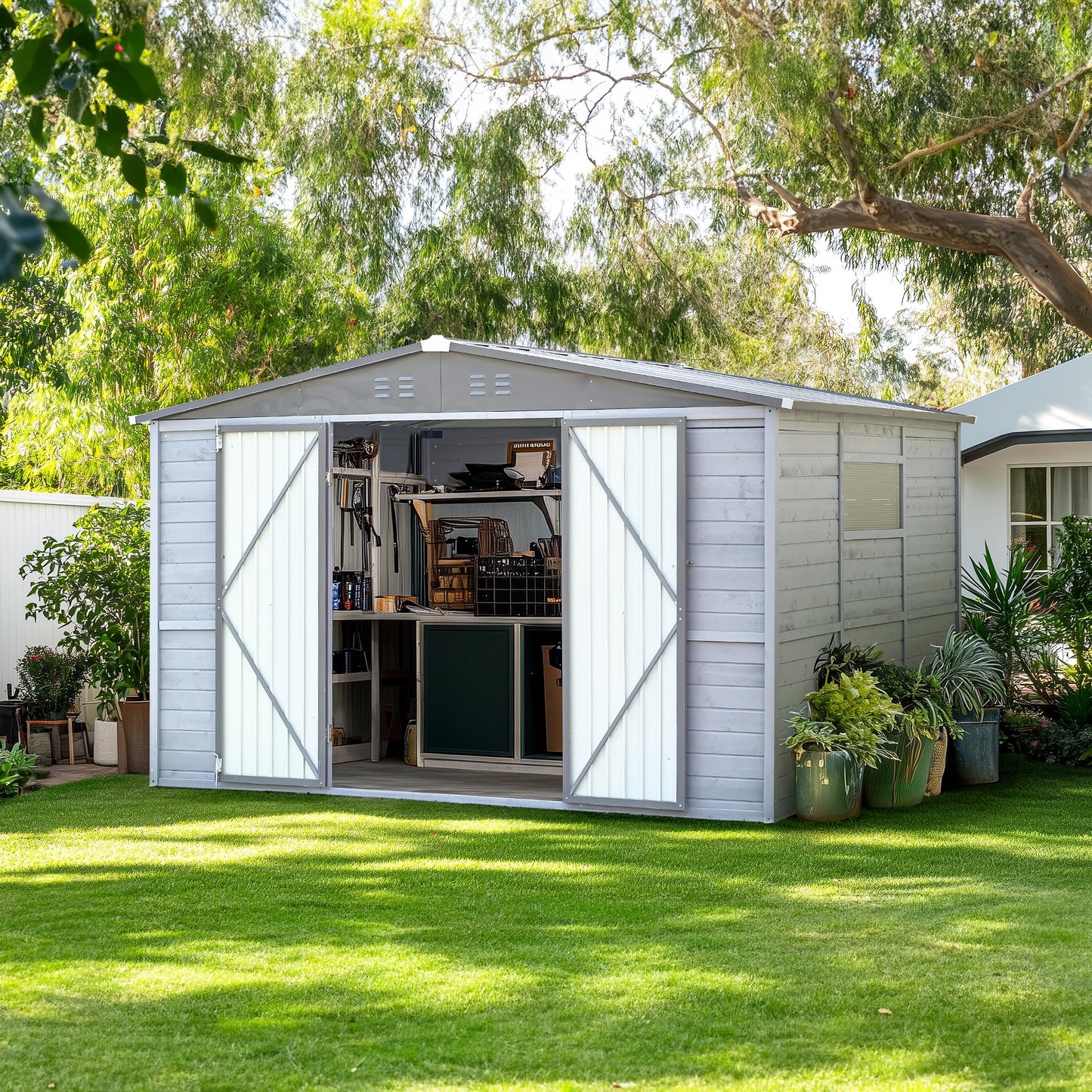 Jaxenor 8x10 FT Outdoor Wood Storage Shed, Garden Tool Shed with Windows, Outside Storage Shed Waterproof for Backyard, Garden, Patio, 4 Vents (Without Floor) Gray