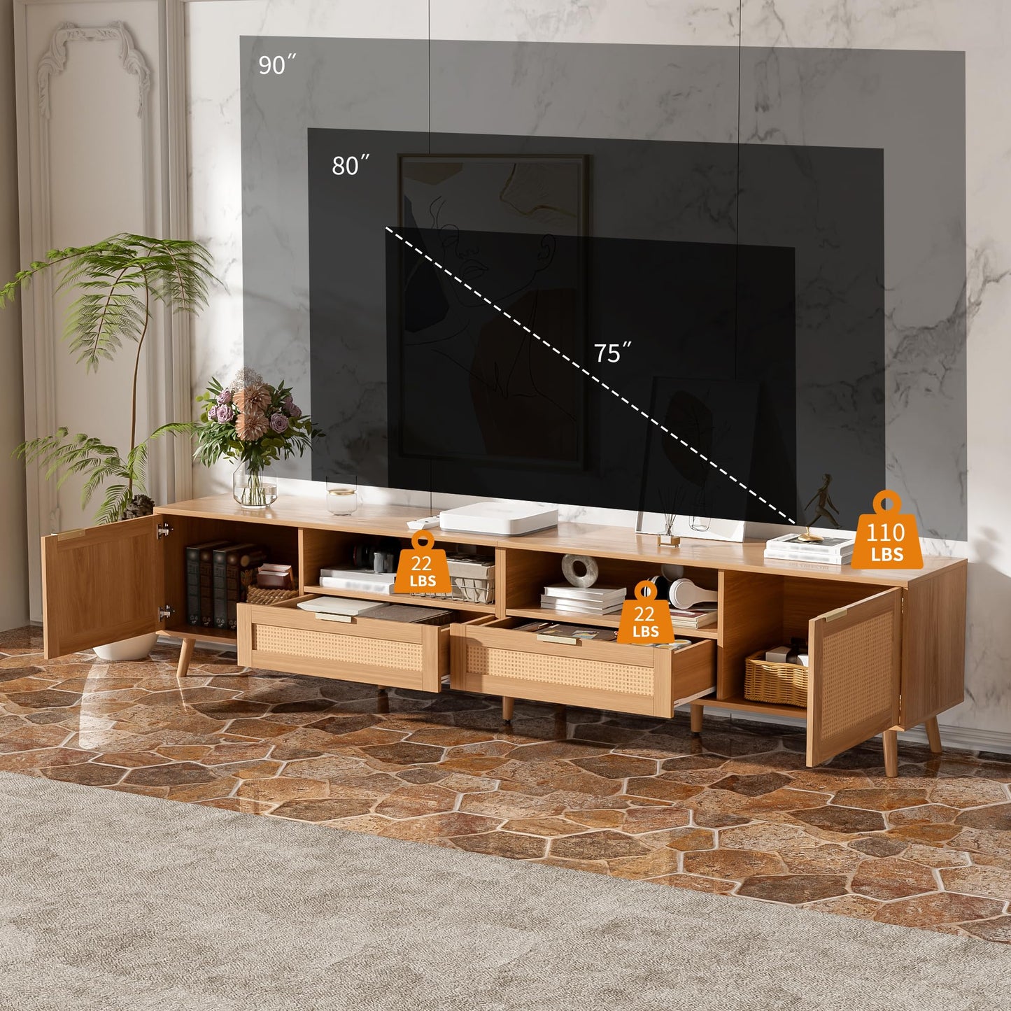 Merax 86'' Rattan TV Stand for TVs up to 90'', Modern Farmhouse Media Console, Entertainment Center with Solid Wood Legs, TV Cabinet for Living Room, Bedroom, Wood Color