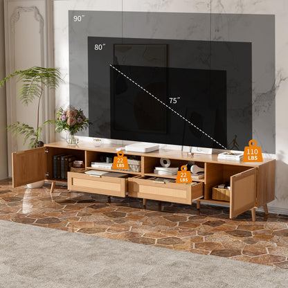 Merax 86'' Rattan TV Stand for TVs up to 90'', Modern Farmhouse Media Console, Entertainment Center with Solid Wood Legs, TV Cabinet for Living Room, Bedroom, Wood Color