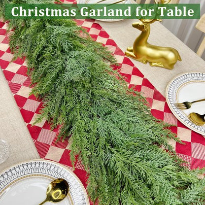 Christmas Cedar Garland, 6 Ft by 10 Inch Real Touch Soft and Thick Green Faux Pine Garland Artificial 40 Cedar 50 Cypress for Home Decor Fireplace Wall Indoor Outdoor Holiday Party Decorations