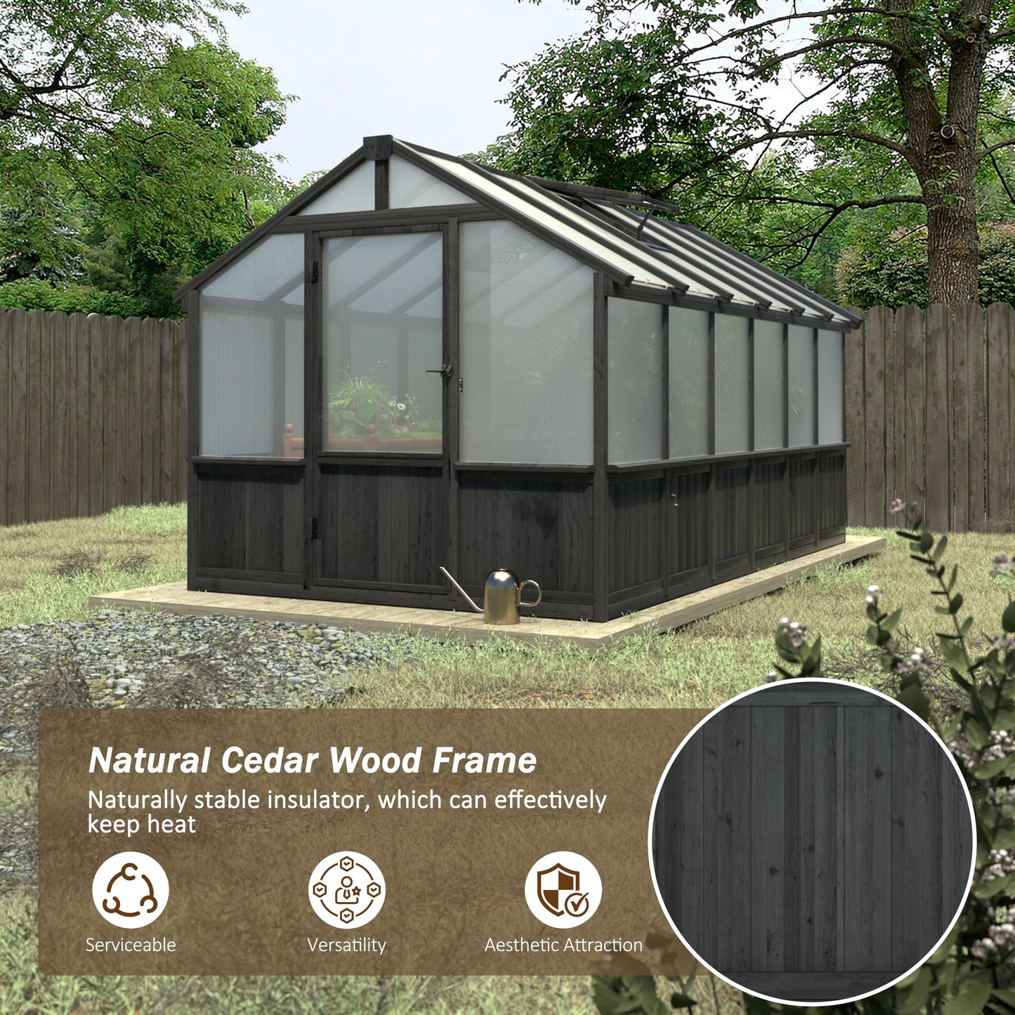 MUPATER 8' x 12' Outdoor Walk-in Greenhouse for Backyard, Wooden Polycarbonate Greenhouse with Lockable Door and Ventilated Window, Heavy Duty Green House with UV Protection & Heat Insulation, Black