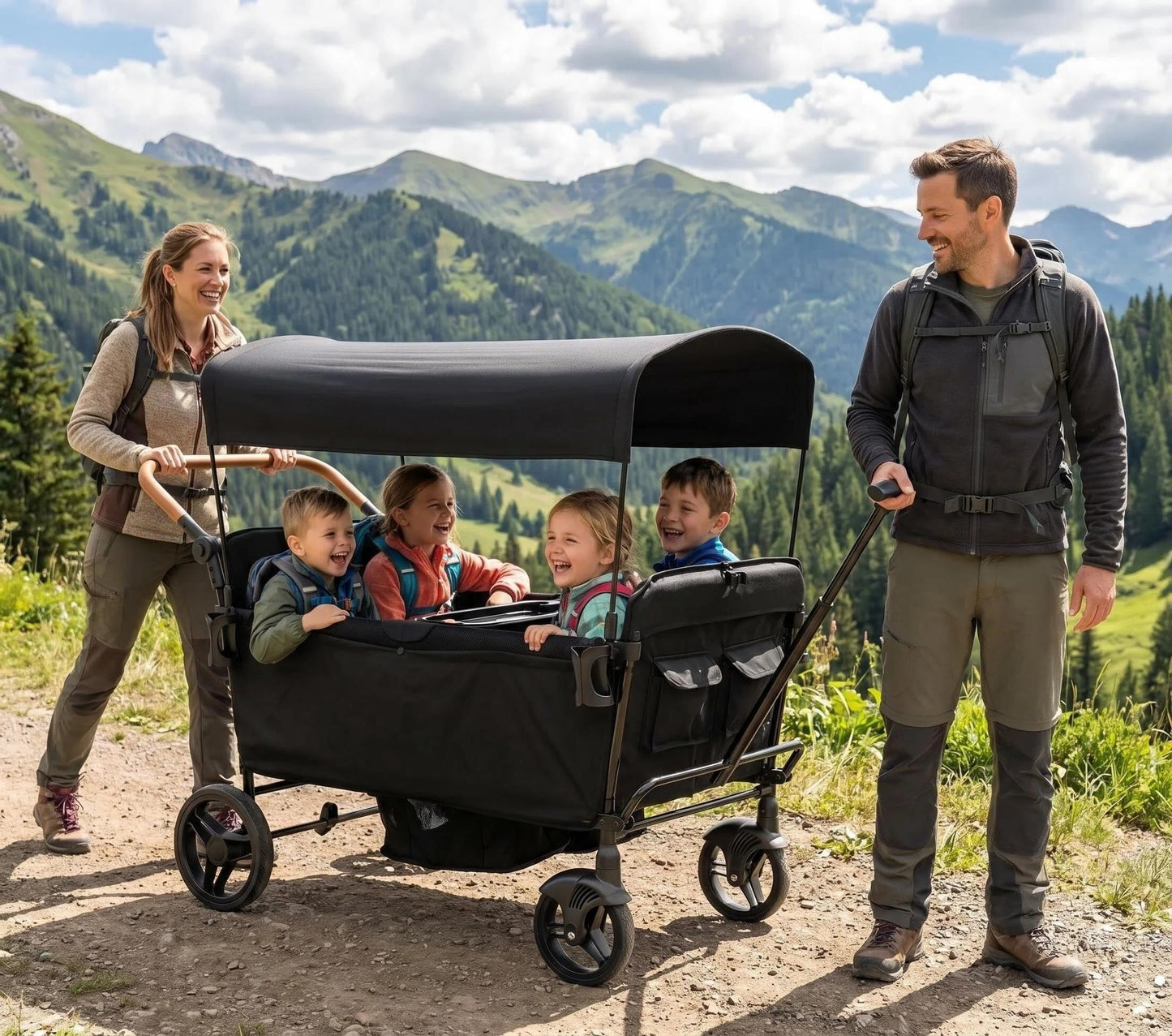 Voupou Stroller Wagon for 4 Kids Seated-Tandem Fold Stroller Push-Pull Lightweight Travel Trolley with 5-Point Harness,Adjustable Handle and Canopy,Mosquito Net,Footwells,Child Tray,Cup Holder,Storage