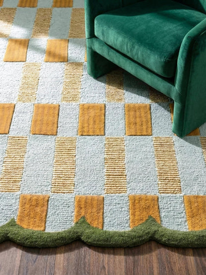 RUGWYN Hand-Tufted Scalloped Wool Area Rug, Modern Plaid Checkered Pattern, Soft & Durable Cozy Accent Rug for Living Room, Bedroom & Nursery, Handmade Decorative Floor Carpet (Light Blue, 8' x 10')