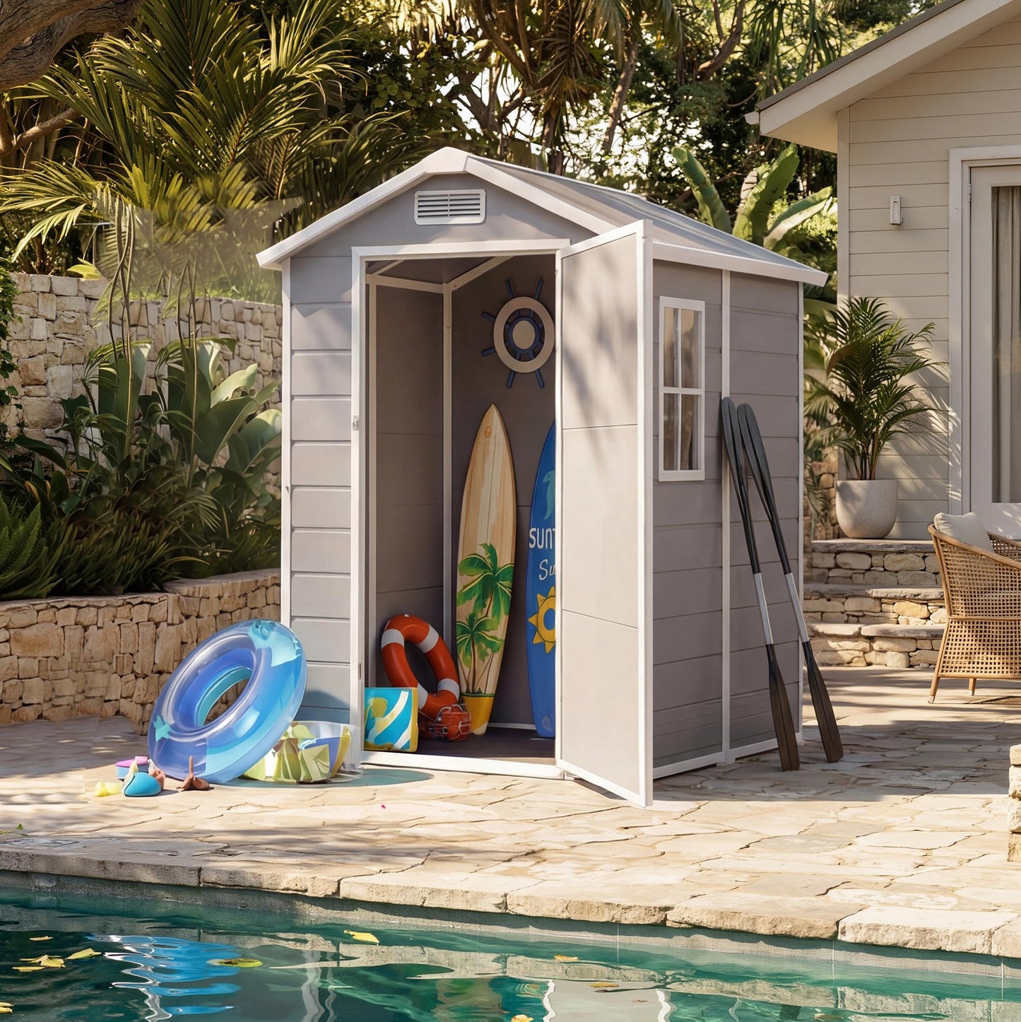 Outdoor Storage Shed with Floor, Plastic Resin Garden Shed with Window & Sloping Roof & Lockable Door for Patio Backyard Garden, Lawn Mower, Bike, Tool Storage (Light Gray, 4' x 6')