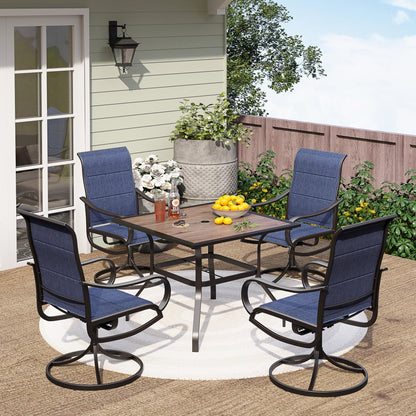 PHI VILLA 5 Piece Outdoor Patio Dining Set with 4 Padded Swivel Dining Chairs & 1 Wood-Look Dining Table, All Weather Blue Chair and Metal Table for Deck Lawn Garden