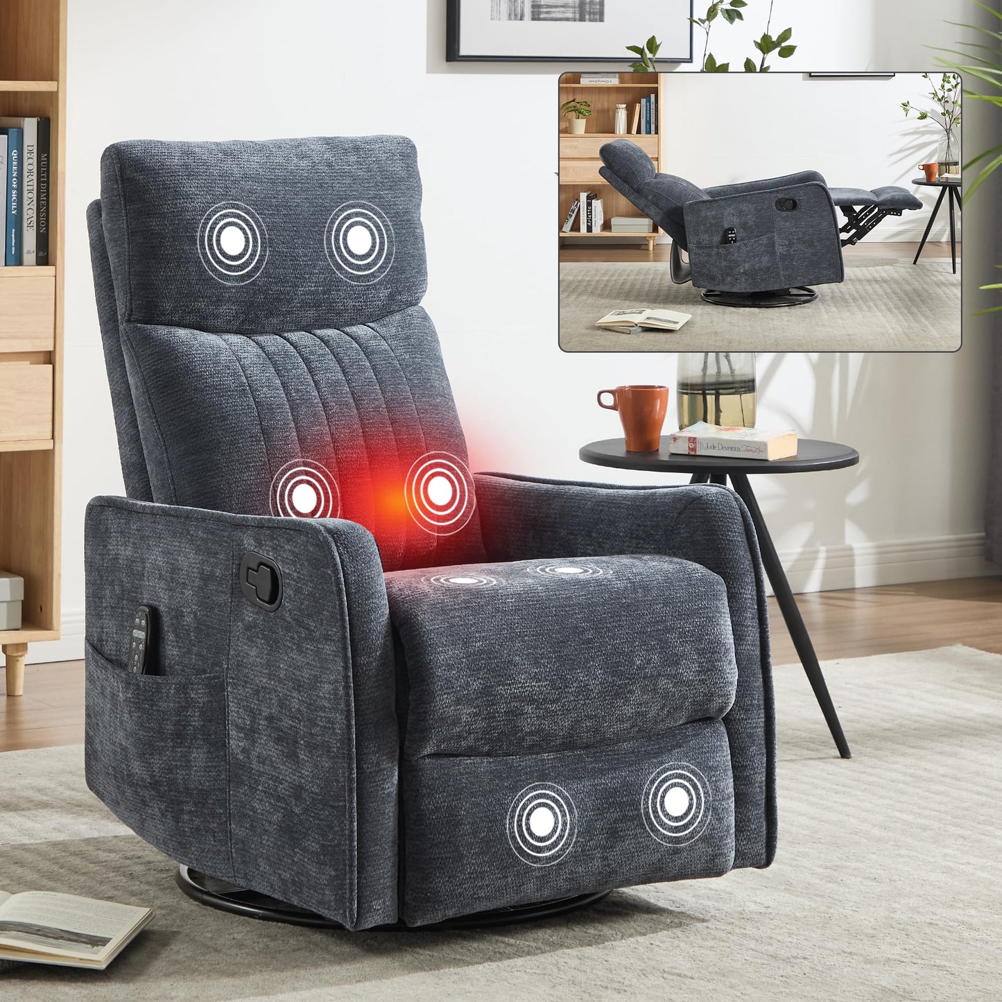 KEIKI 4-in-1 Manual Swivel Rocker Recliner Chair for Living Room, Chenille Nursery Glider Rocking Chairs with Back Massager & Heat, Ideal for Daily Nap in Living Room Quiet Corner, Blue